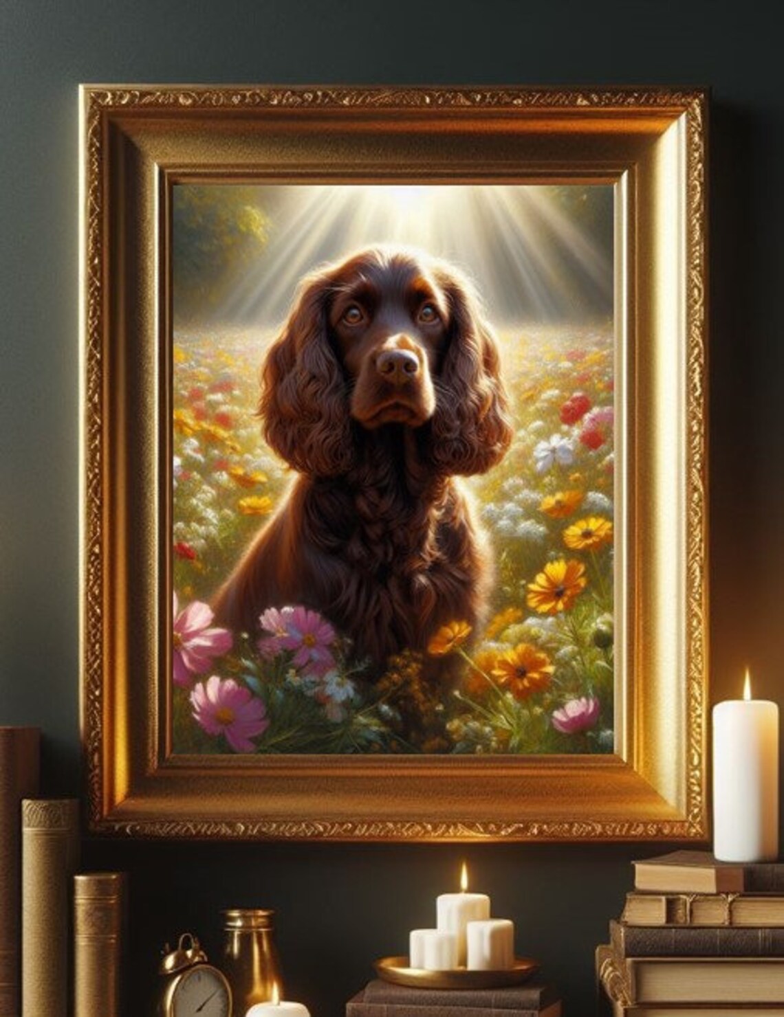 English Cocker Spaniel Chocolate Brown Puppy Dog Field Of Flowers With Sunlight Physical Painting Art Print Photo Poster Wall Picture