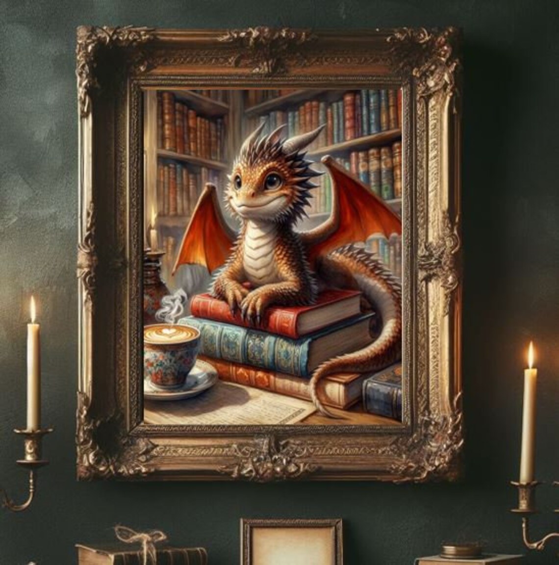 Baby Dragon in Cozy Library With Books and Coffee Fantasy Art Print