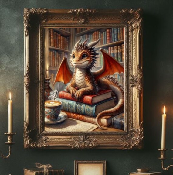 Library Baby Dragon Red Brown Coffee Books Vintage Dark Academia 18th Century Style Watercolor Painting Fantasy Art Portrait Poster Print