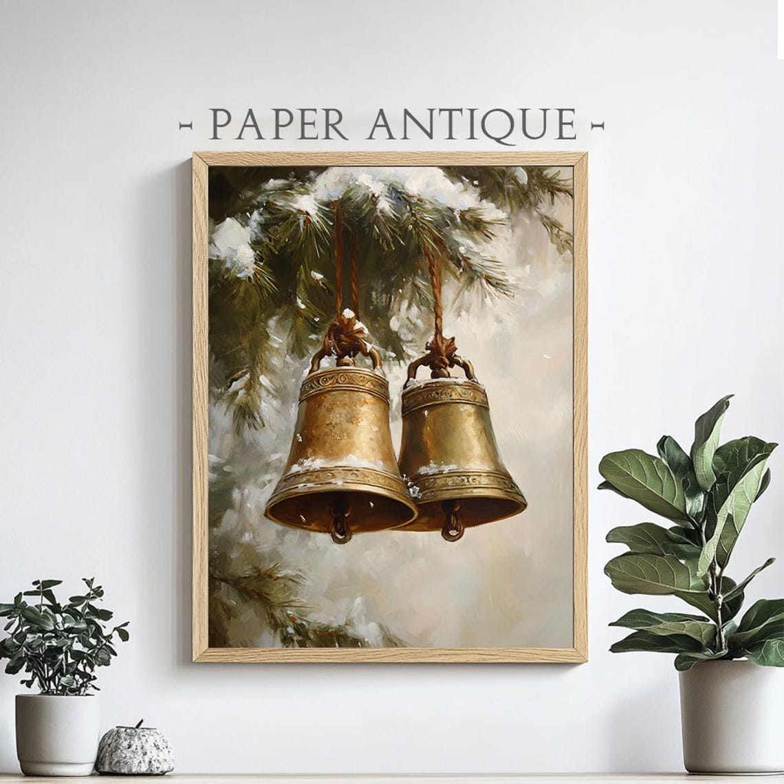 Antique Brass Christmas Bells Hanging From Snowy Pine Branch Poster - Image 4