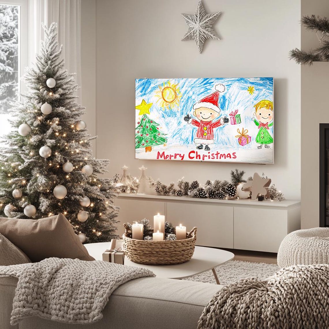 Merry Christmas Kids Crayon Drawing Colorful Holiday Scene Poster - Image 5