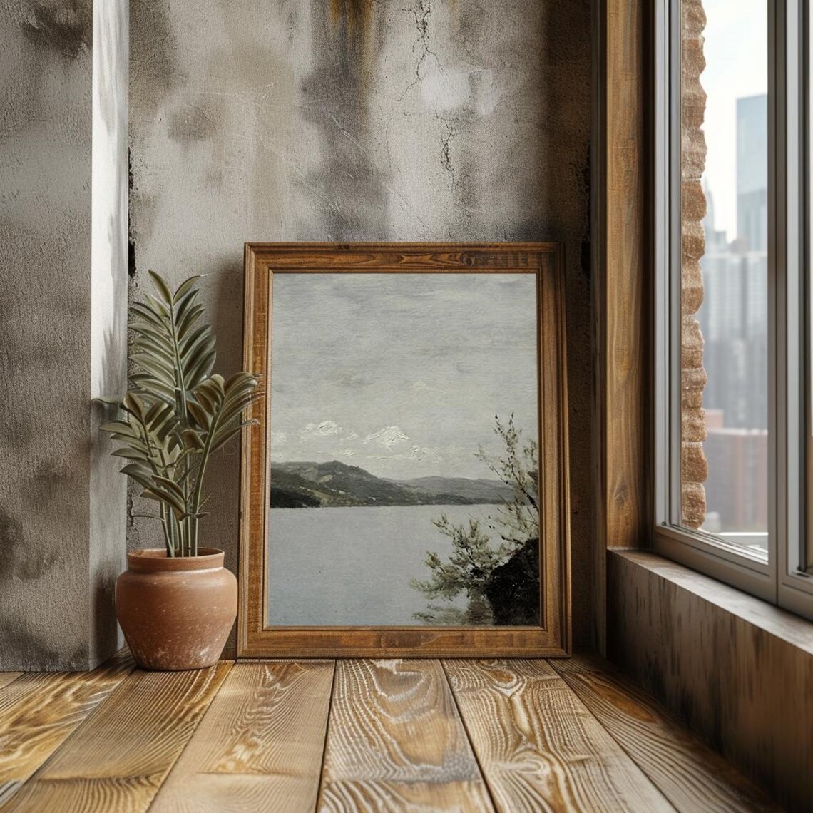 Calm Lakeside Mountain View Oil Painting Minimalist Landscape Wall Art Print Pt - Image 3