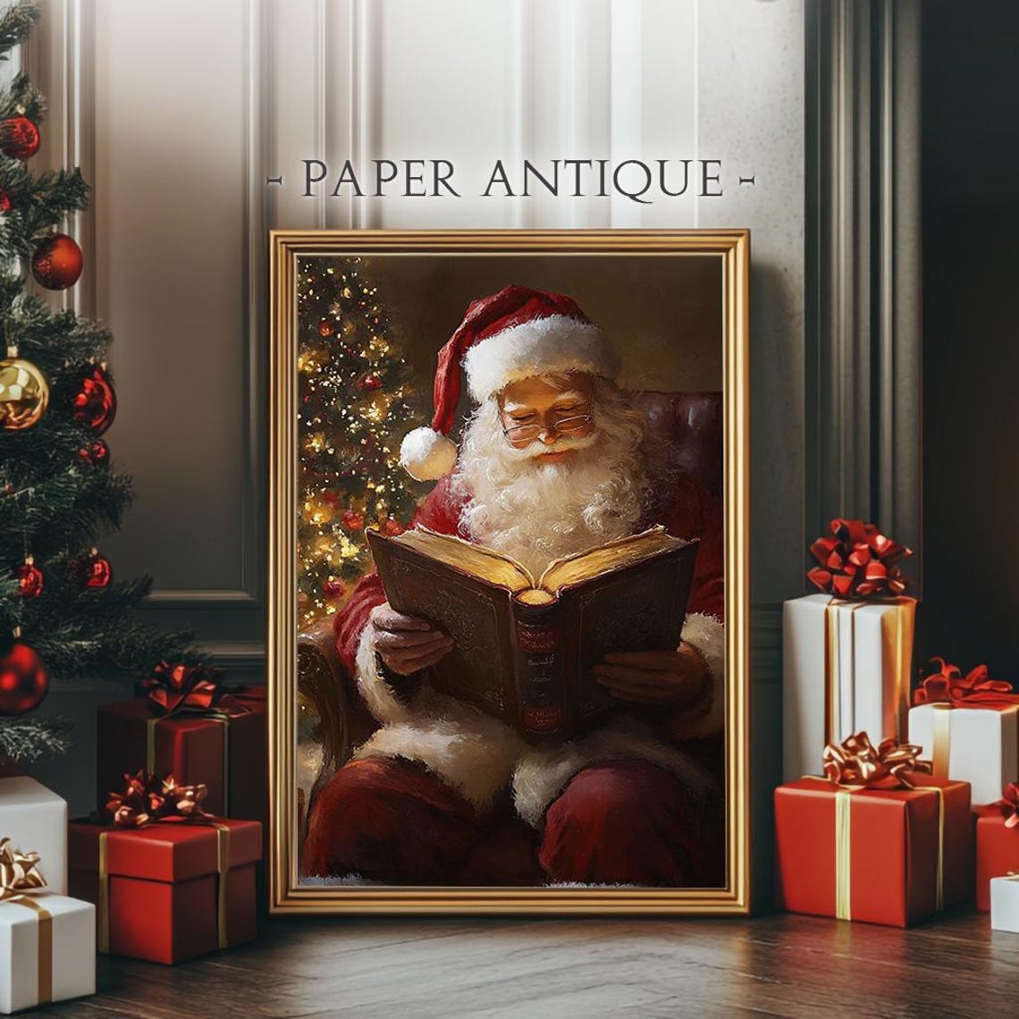Santa Claus Reading Book By Christmas Tree Cozy Holiday Poster