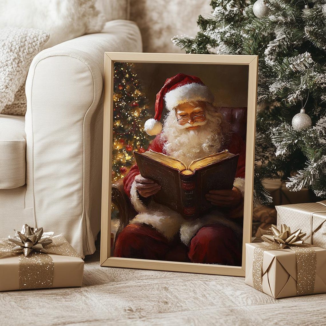 Santa Claus Reading Book By Christmas Tree Cozy Holiday Poster - Image 5