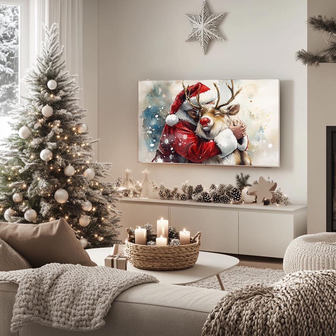Heartwarming Santa Hugging Reindeer Watercolor Christmas Poster - Image 5