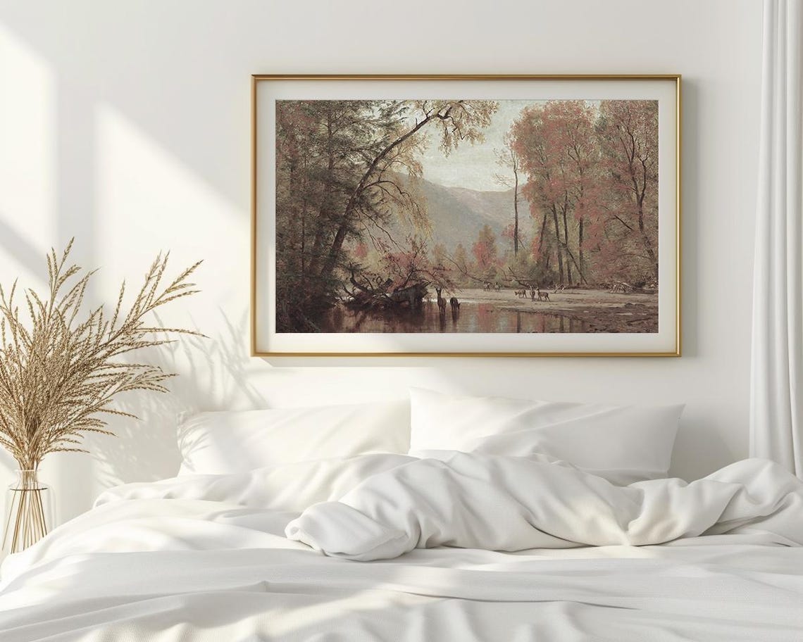 Autumn Deer River Forest Vintage Fall Landscape Oil Painting Poster - Image 2
