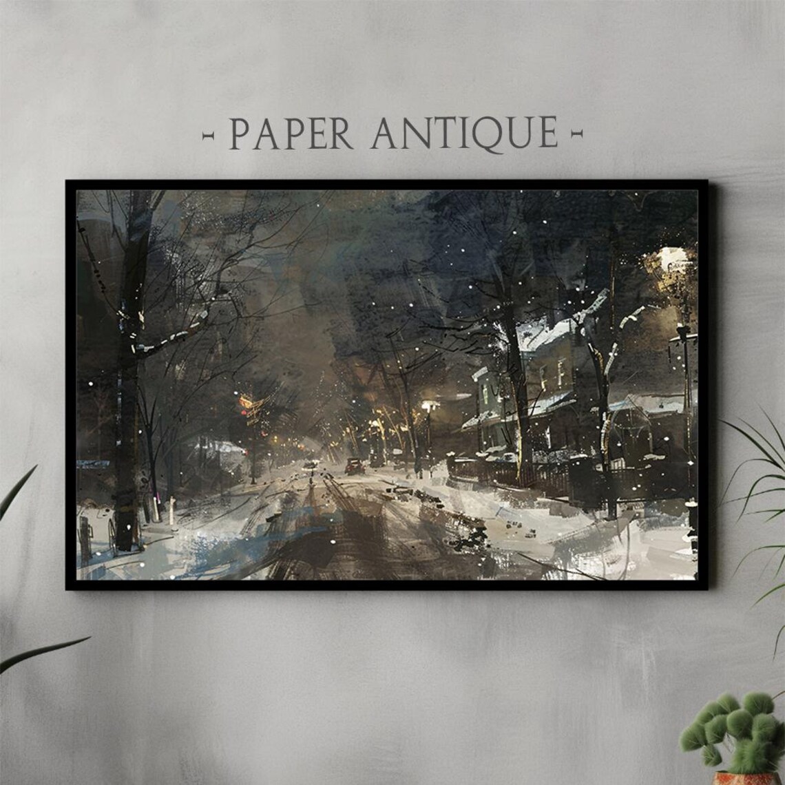 Snowy Night Street Glowing Street Lamps Winter Evening Poster