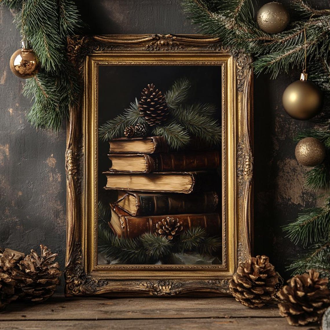 Stacked Vintage Books With Pinecones Rustic Holiday Painting Poster - Image 4