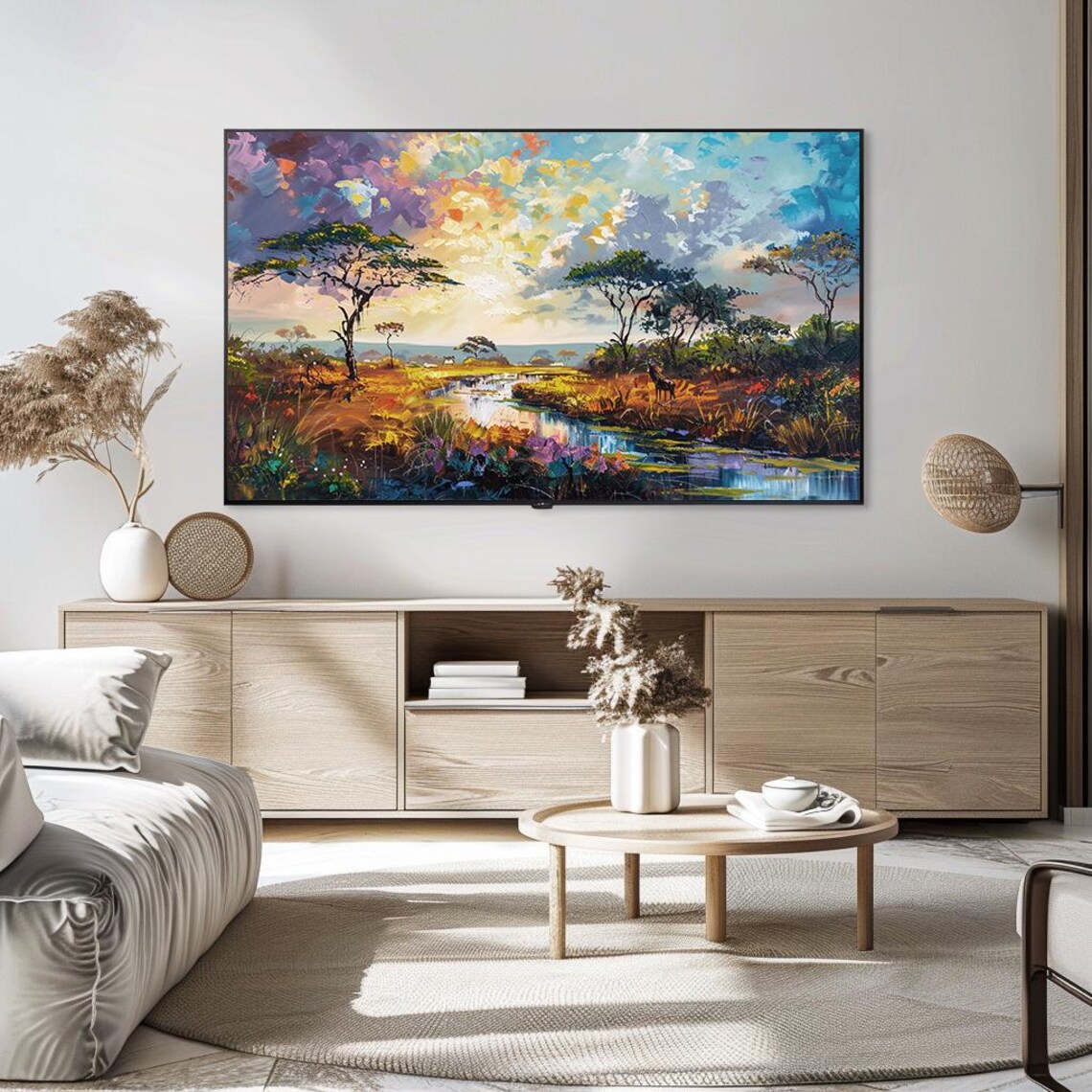 African Savanna Sunset Acacia Trees River Impasto Oil Painting Poster - Image 5