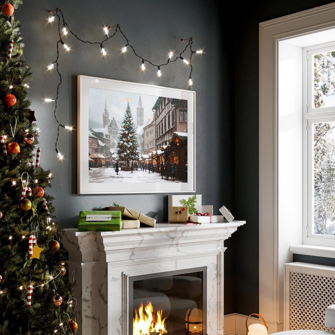 Christmas Market Painting Snowy Street With Christmas Tree And Festive Lights In Winter Village Holiday Scene Print Ls - Image 2