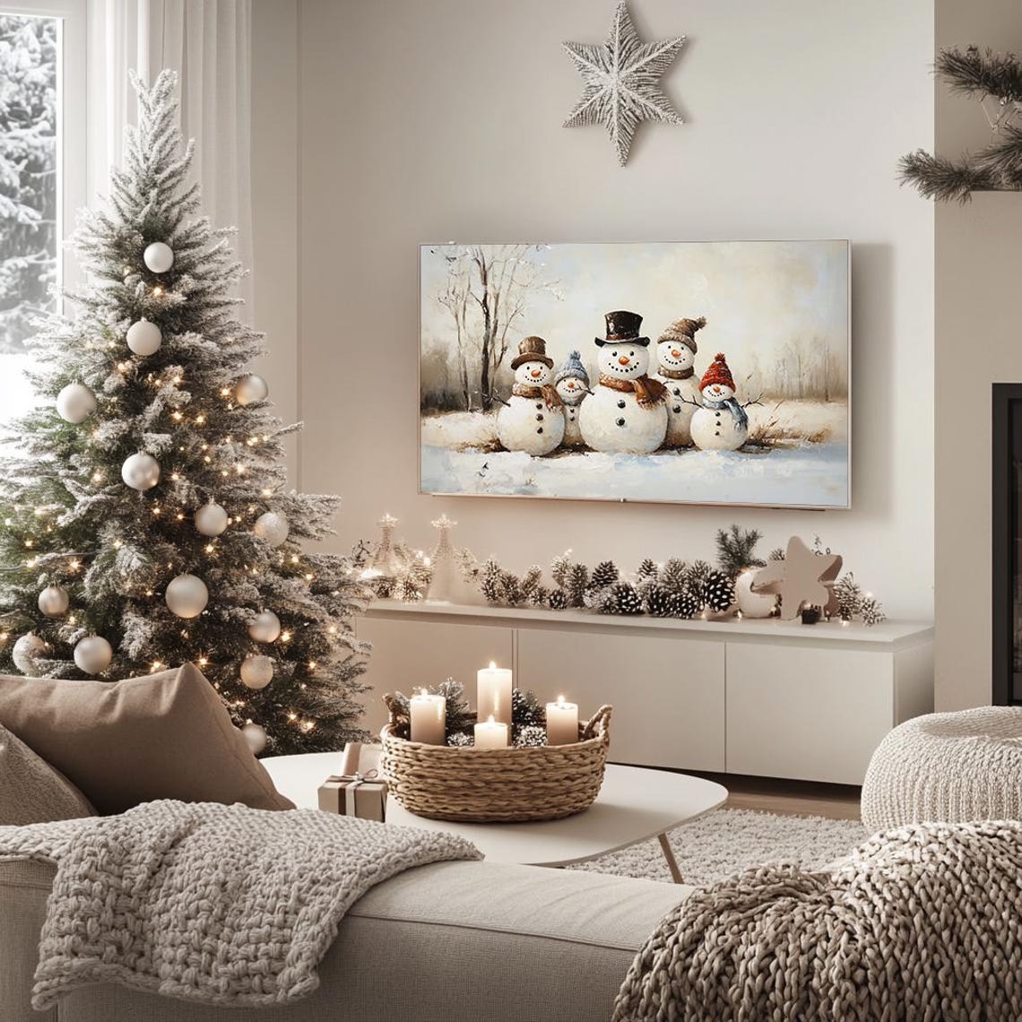Frame Tv Art Family Of Snowmen In Winter Snowy Landscape Charming Holiday Painting Rustic Christmas Scene Art For Frame Tv Vintage - Image 5
