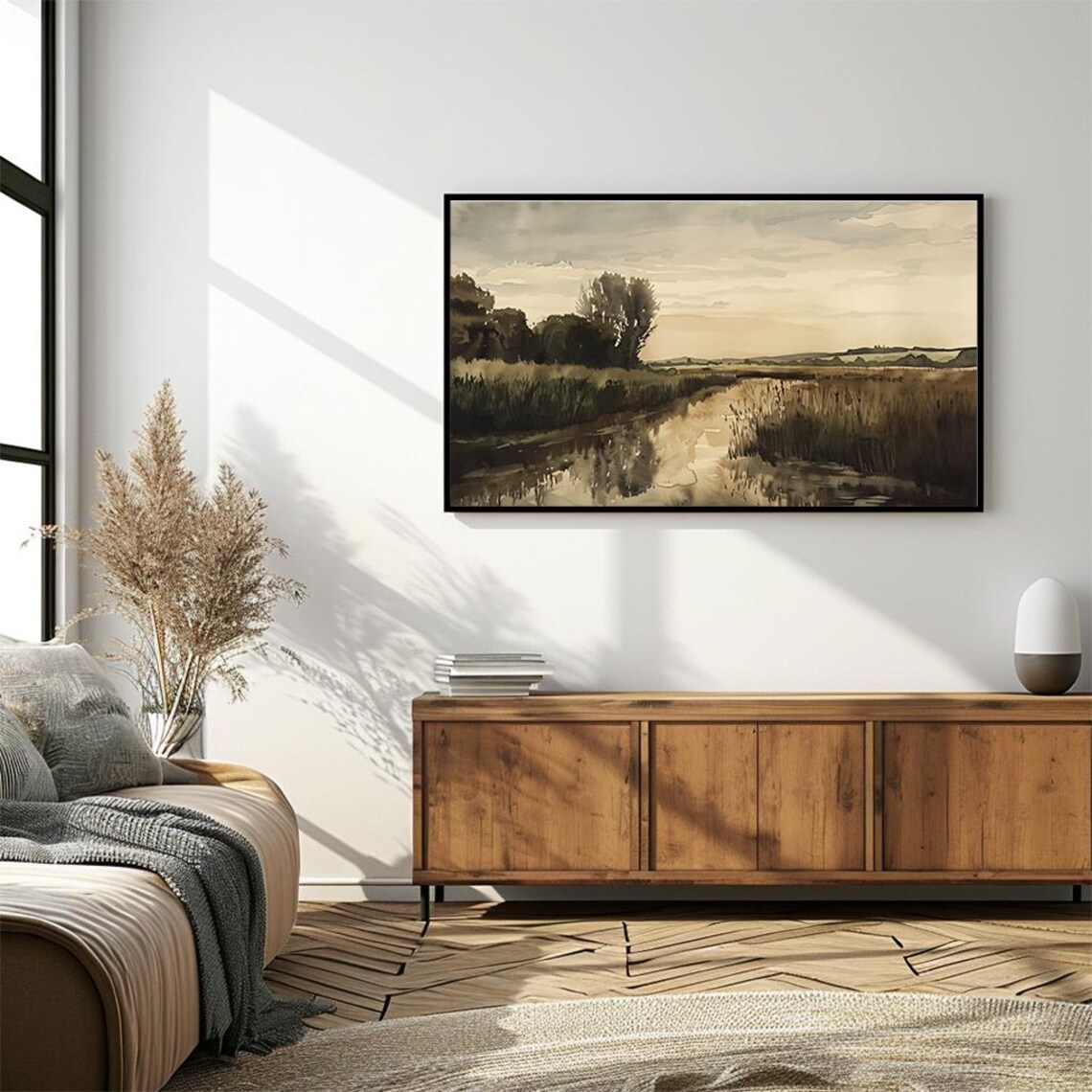 Serene Wetland Stream Watercolor Sepia Marsh Landscape Poster - Image 4