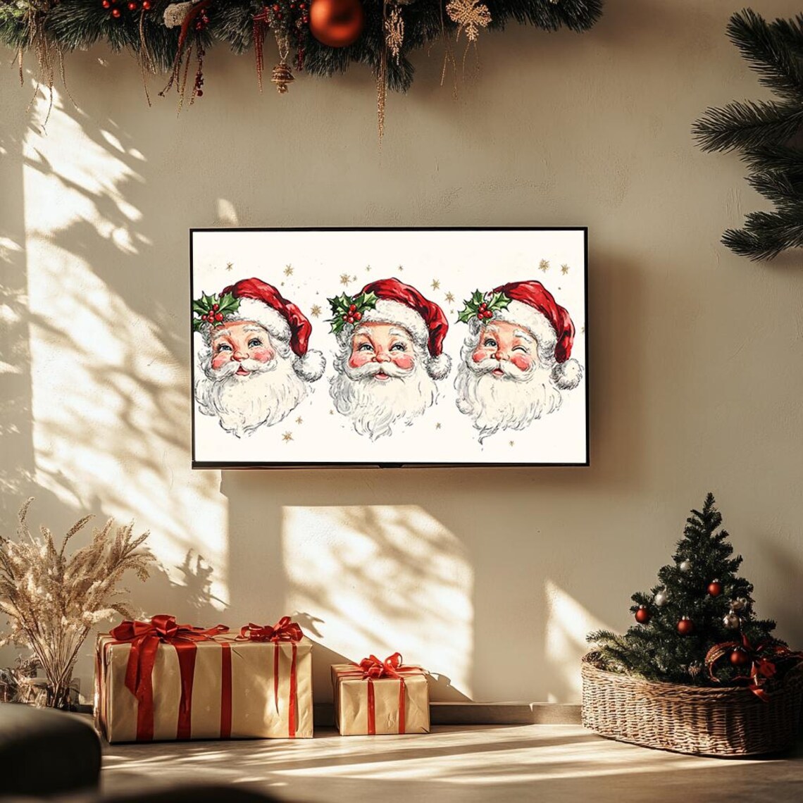 Vintage Santa Trio With Holly And Snowflakes Festive Christmas Poster - Image 3