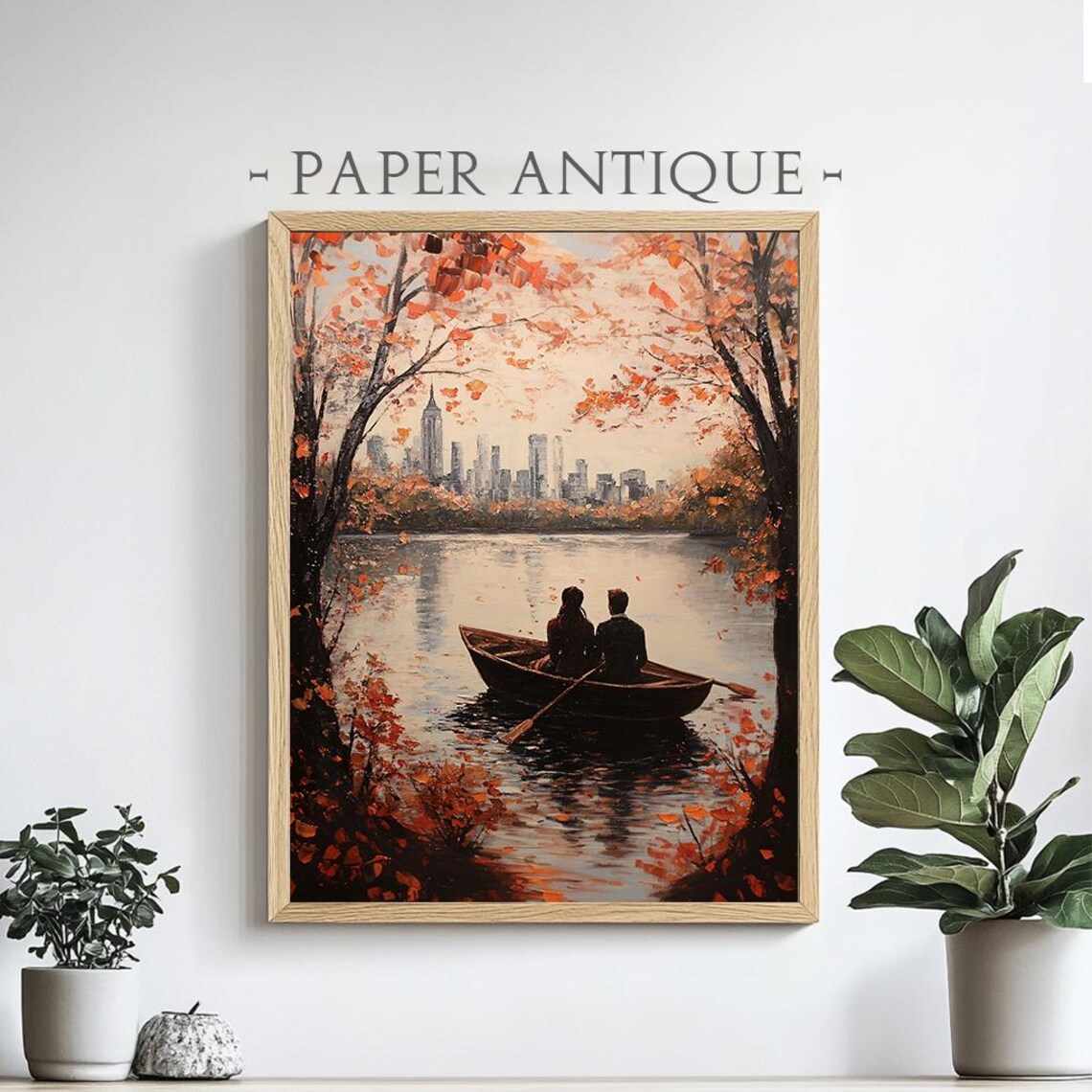 Couple Rowing Boat Autumn Lake City Skyline Romantic Painting Poster