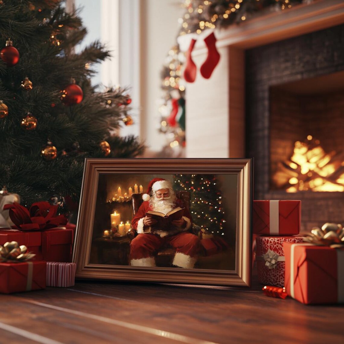 Santa Reading Candlelight Cozy Night Book Painting Christmas Poster - Image 3