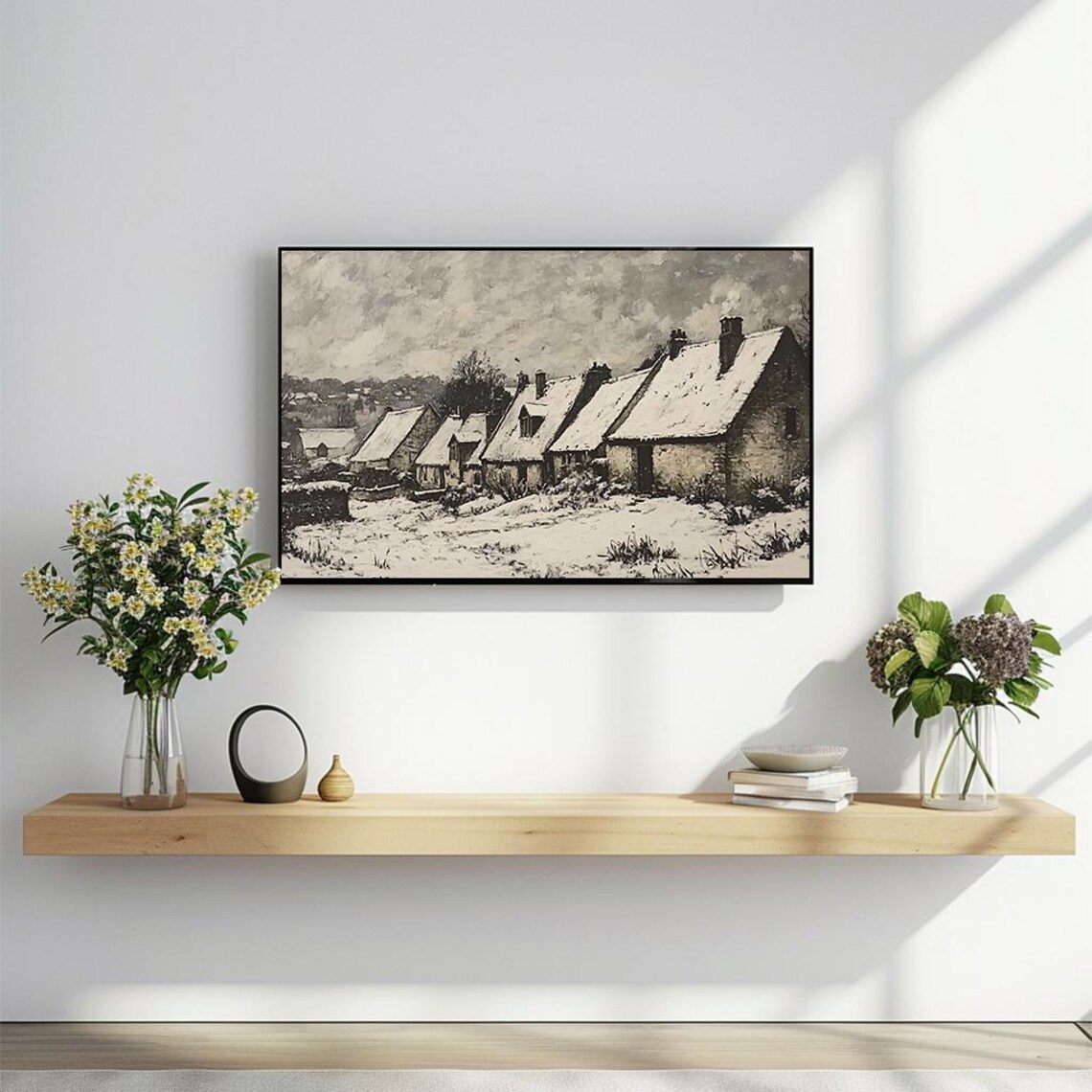 Snowy Cottages Vintage Winter Landscape Muted Oil Painting Cozy Poster - Image 2