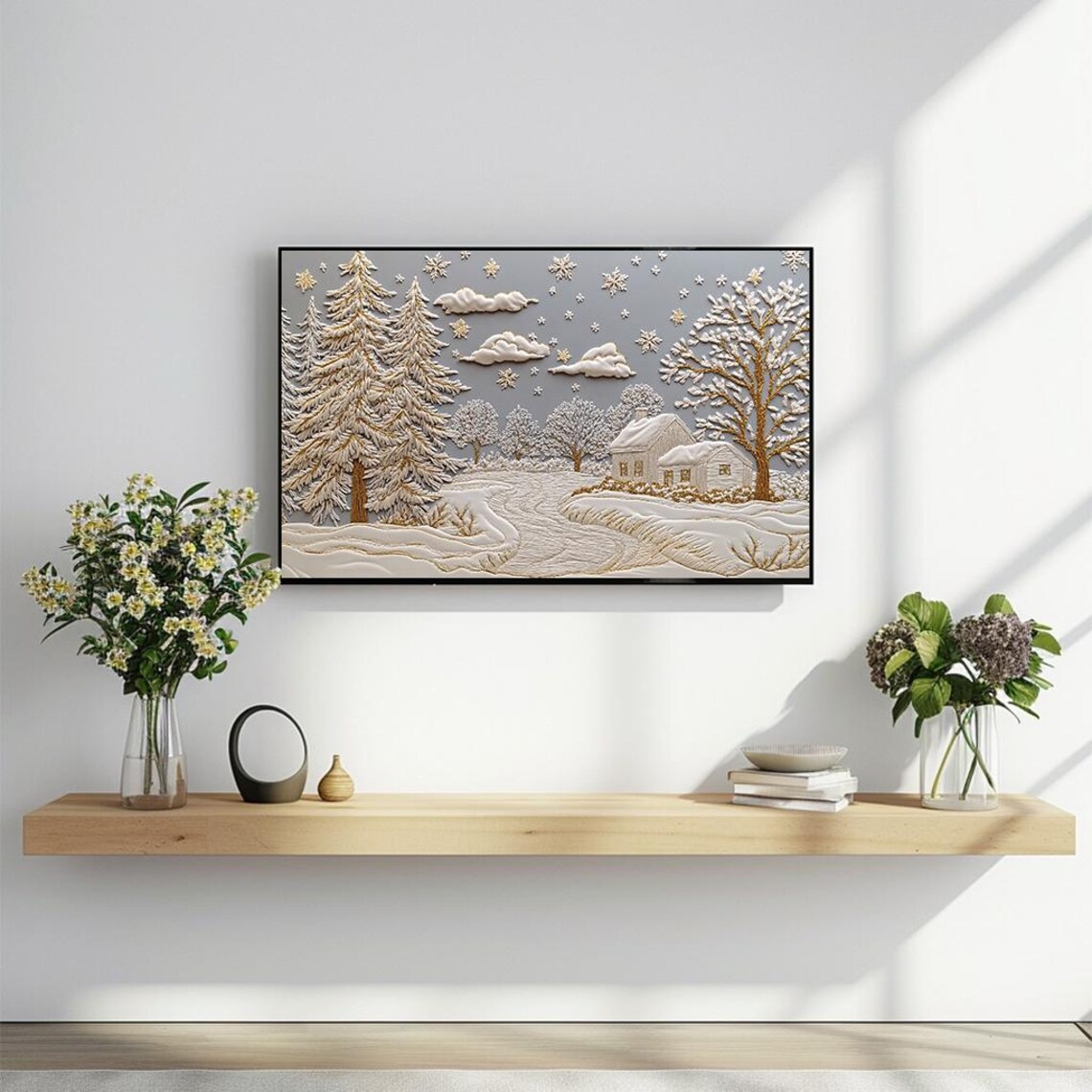 Embossed Winter Village Trees And Snow Gold Ivory Relief Art Poster - Image 2