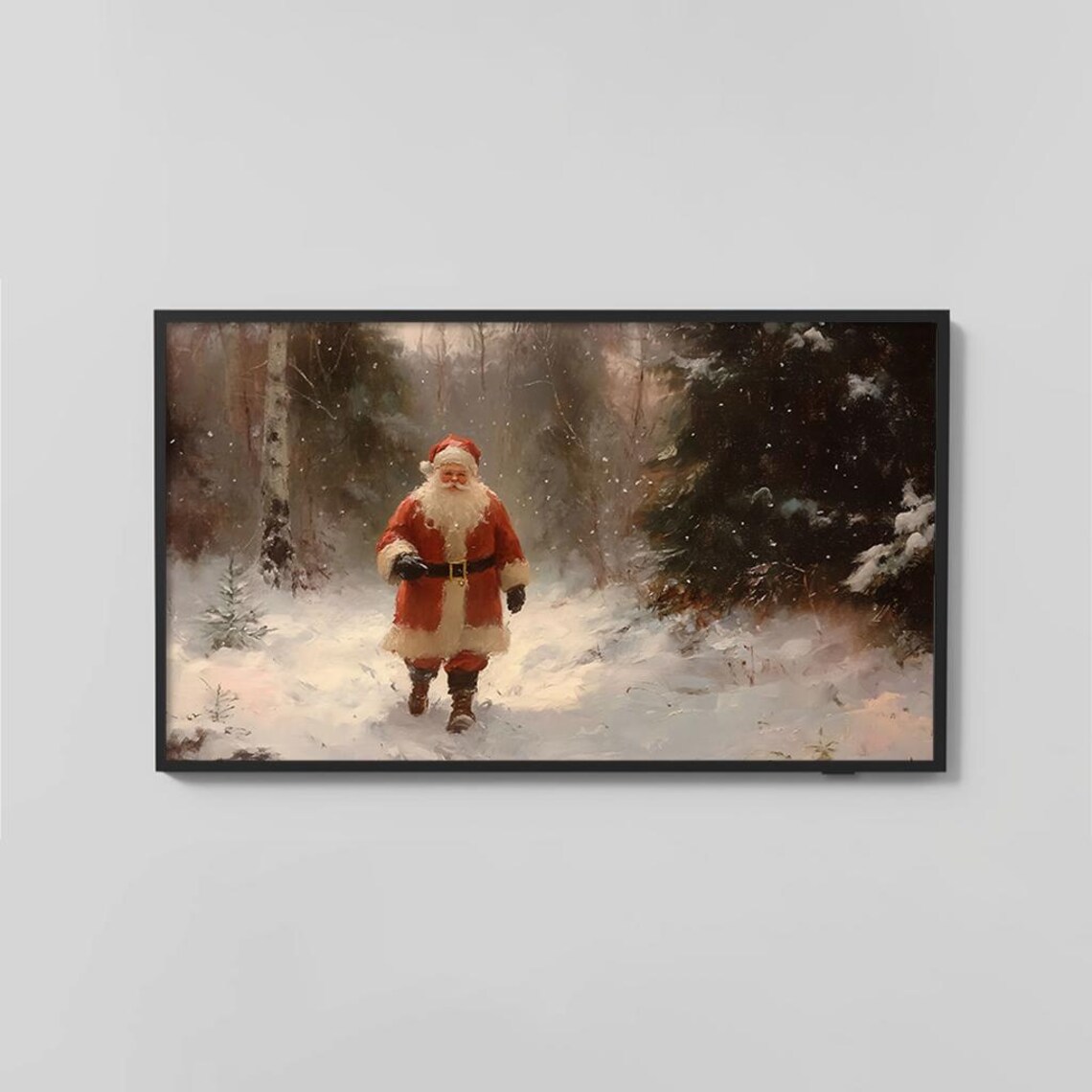 Santa Claus Walking Through Snowy Pine Forest Vintage Art Poster - Image 2