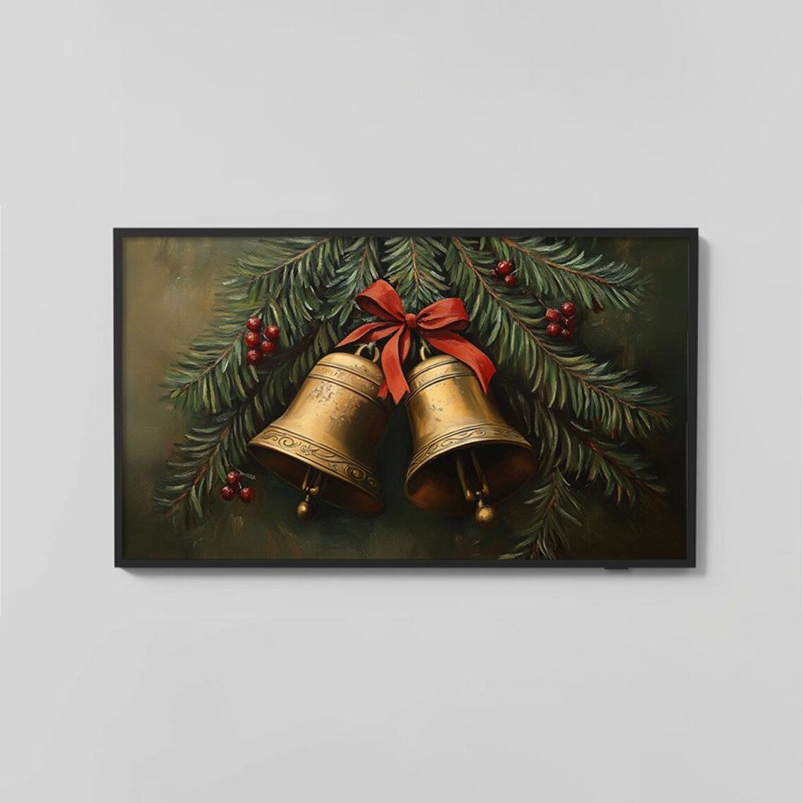 Golden Christmas Bells With Red Bow On Pine Branches Holiday Poster - Image 2
