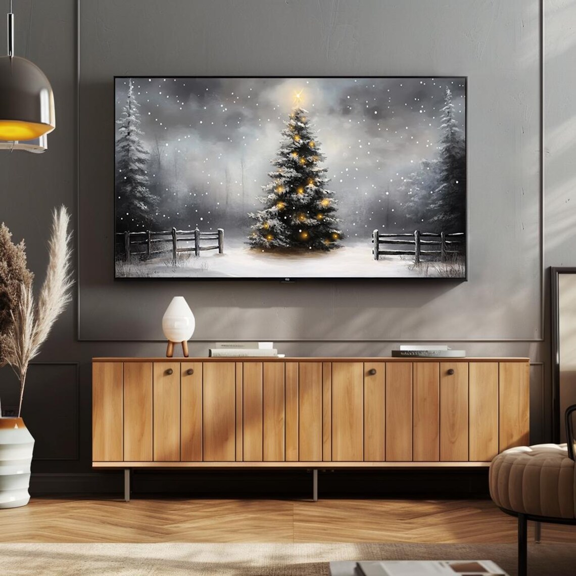 Snowy Christmas Tree With Lights Wooden Fence Winter Art Poster - Image 4