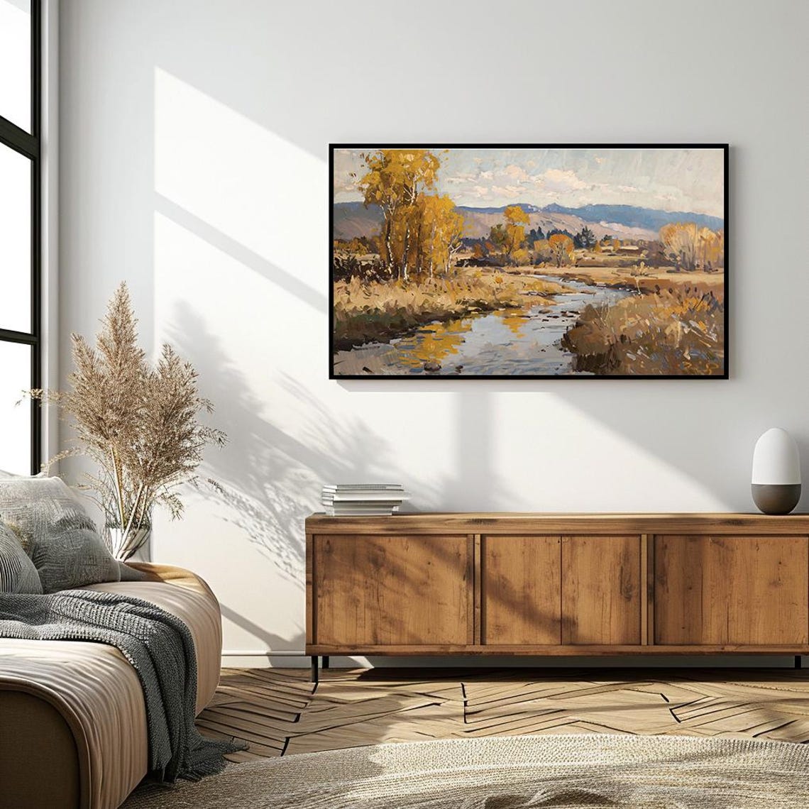 Calm Autumn River Valley with Golden Trees Mountain Scene Poster - Image 4
