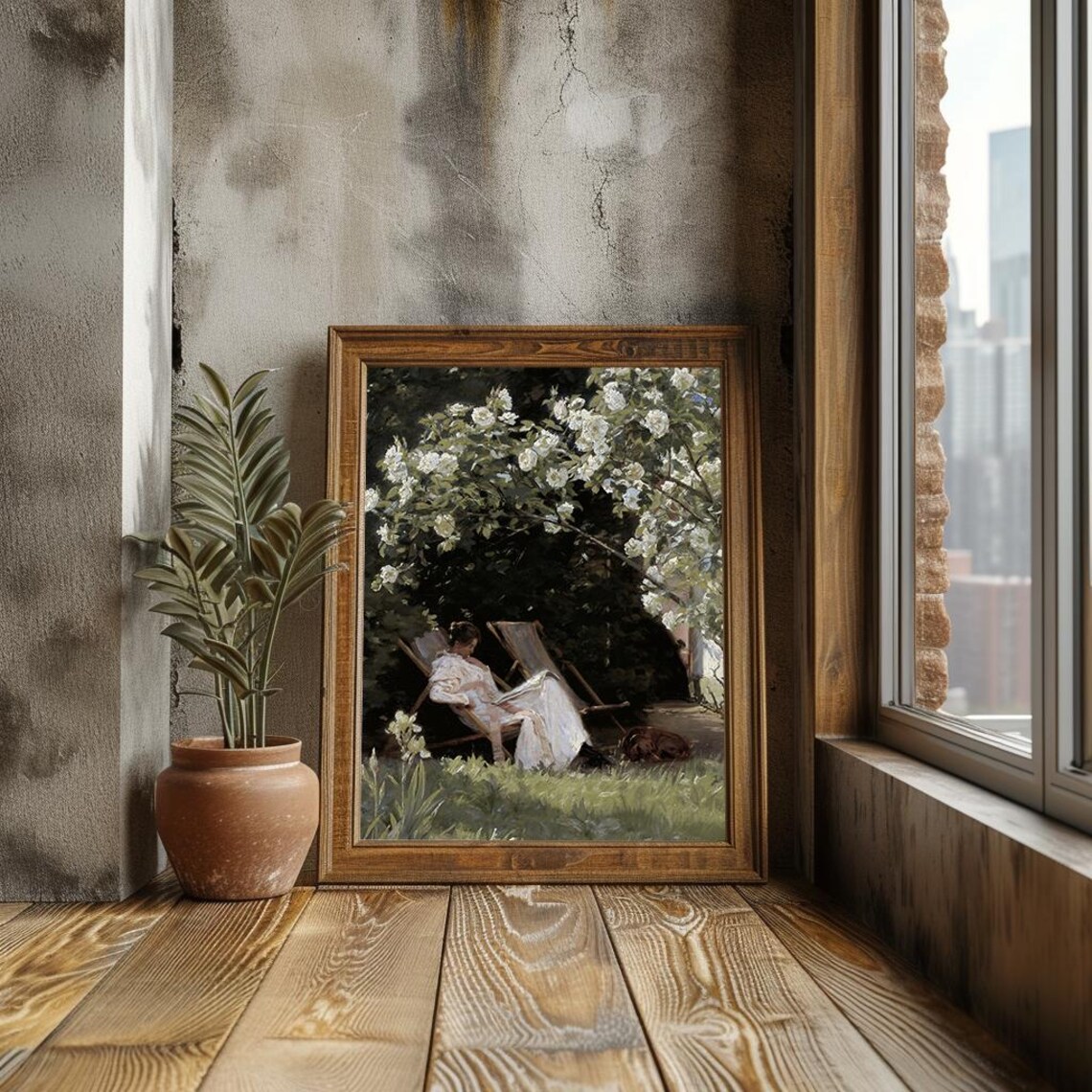 Woman Reading In Flower Garden Vintage Romantic Oil Painting Poster - Image 3