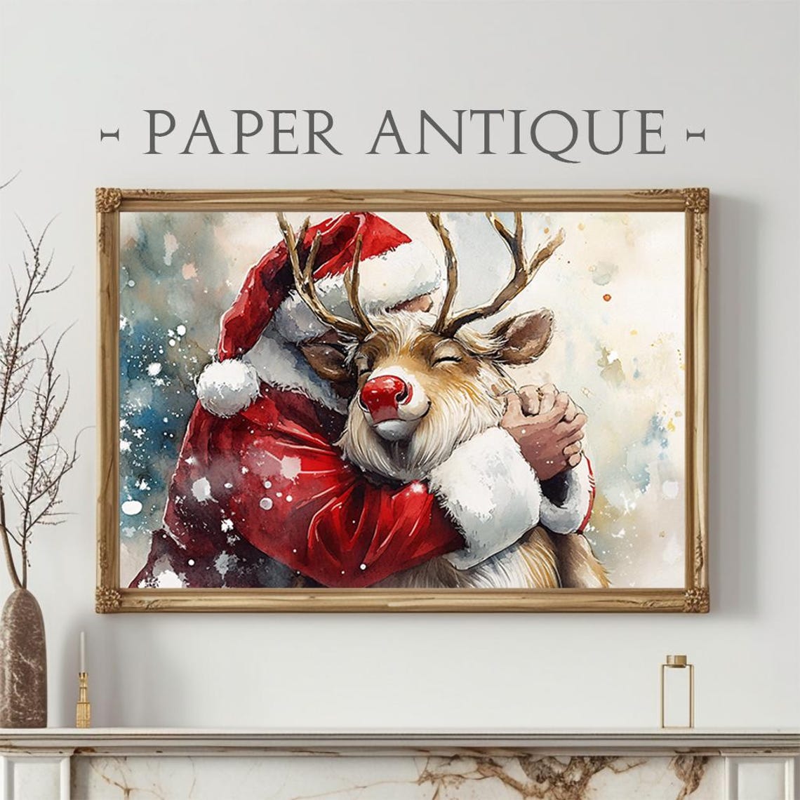 Santa And Rudolph Watercolor Painting Festive Christmas Hug Poster