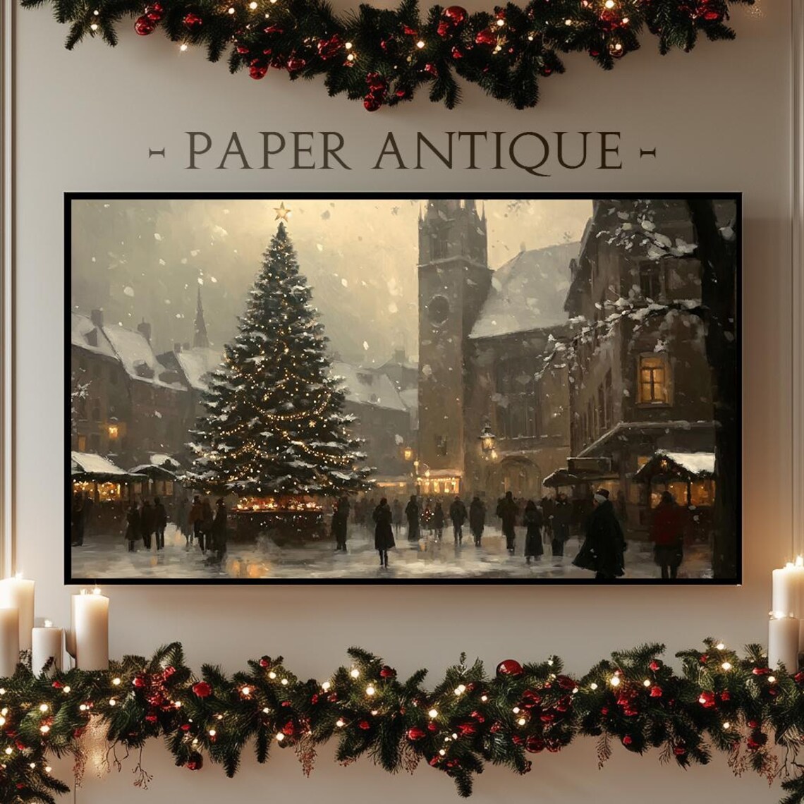 Christmas Market Town Square With Grand Lit Tree Snowy Art Poster