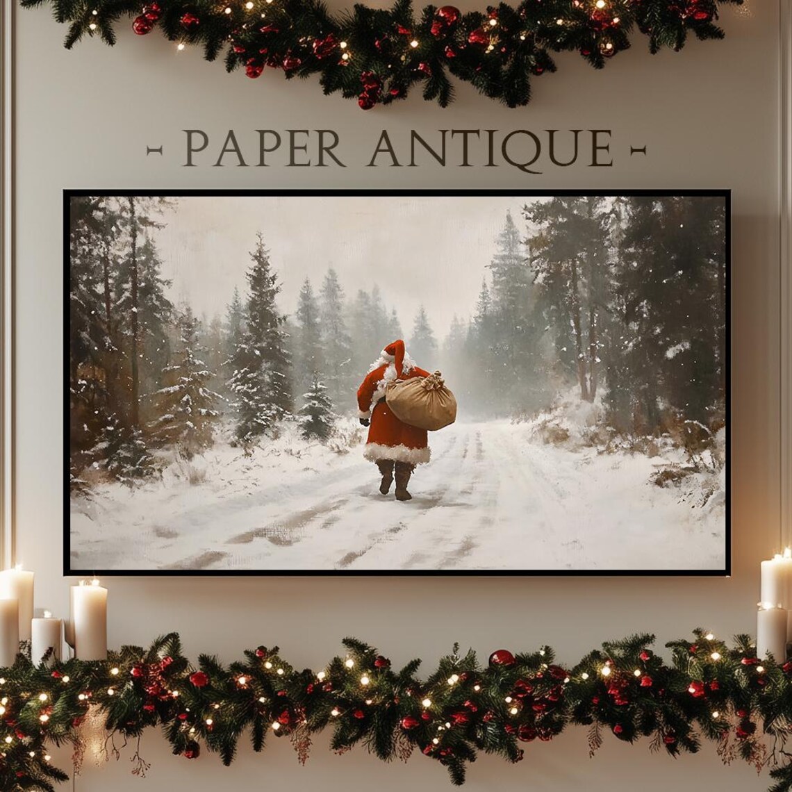Santa Claus Walking Through Snowy Forest Vintage Oil Art Poster