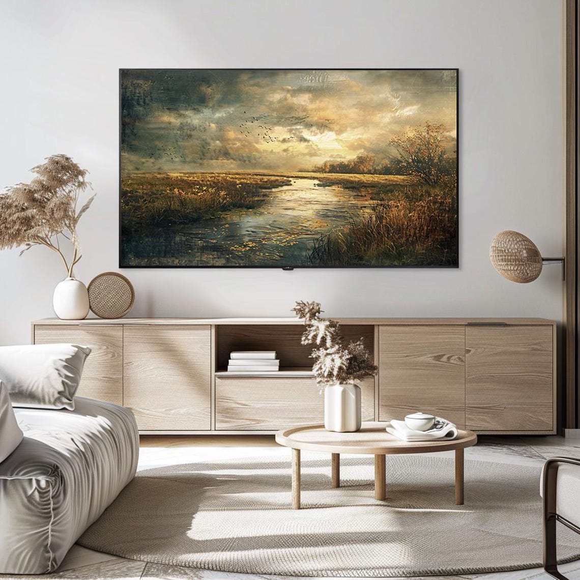 Vast Golden Marsh Sunset River with Birds Moody Landscape Poster - Image 5