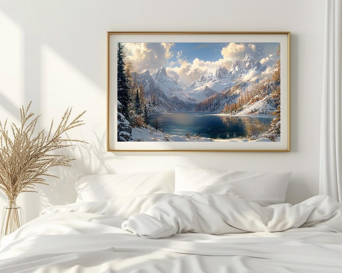 Winter Mountain Landscape Snowy Lake And Peaks Oil Painting Poster - Image 2