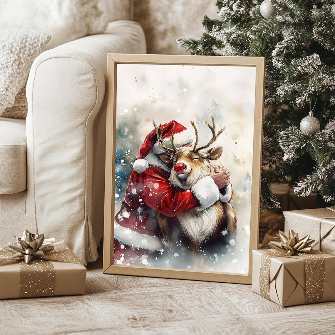 Santa Claus Hugging Reindeer Heartwarming Christmas Scene Poster - Image 4