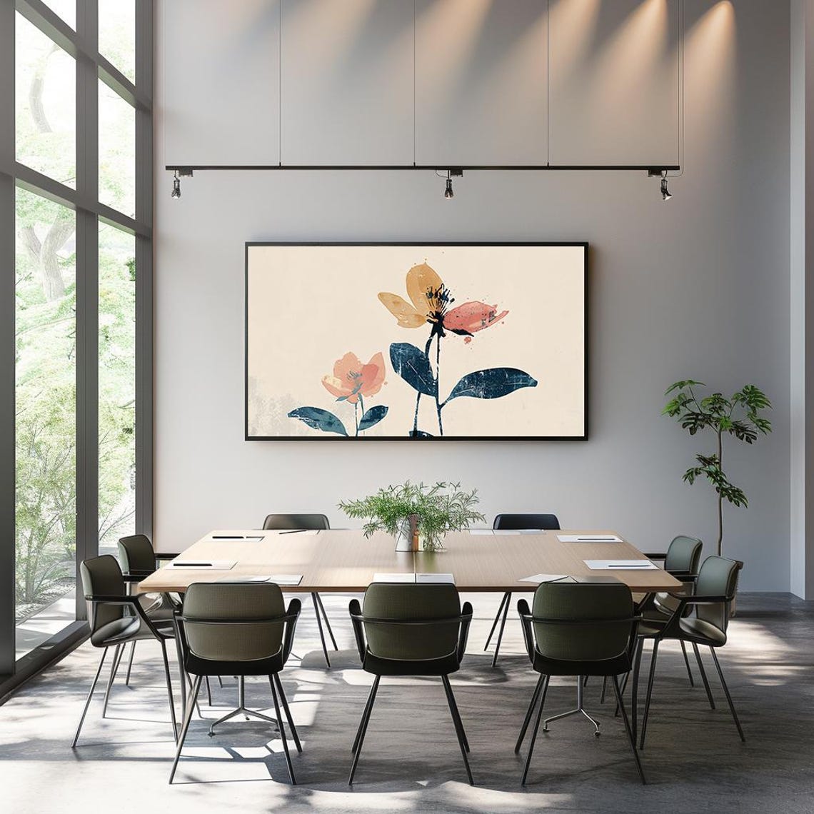 Modern Minimalist Floral Two Stylized Flowers Navy Leaves Poster - Image 3