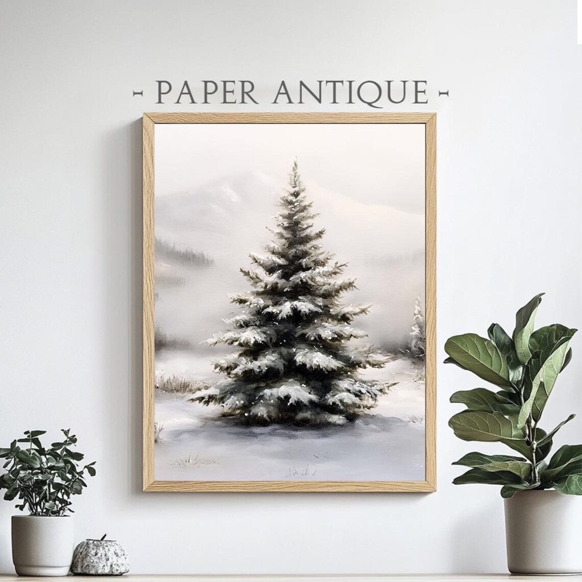 Snowy Pine Tree in Misty Winter Forest Classic Oil Painting Poster