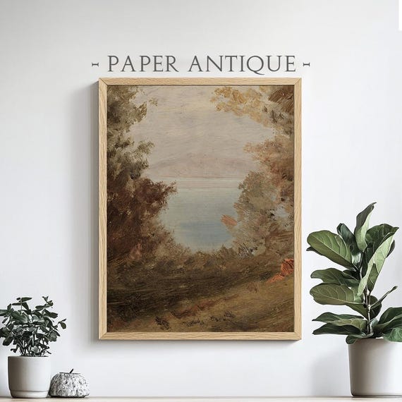 Serene Lake Landscape Oil Painting Rustic Nature Scene Antique Style Wall Art Print Decor Pt