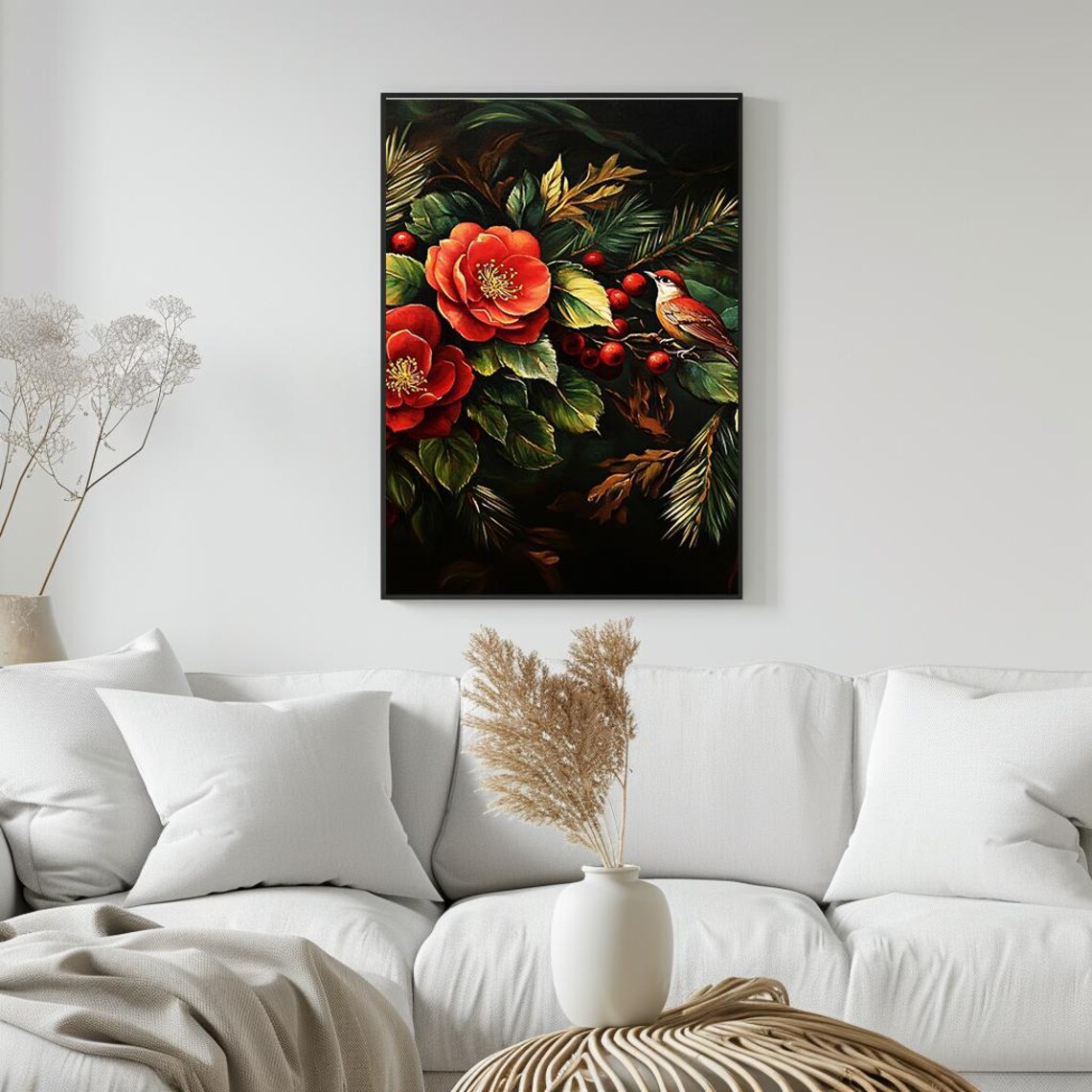 Red Camellias And Berries With Bird Moody Floral Oil Painting Poster - Image 5