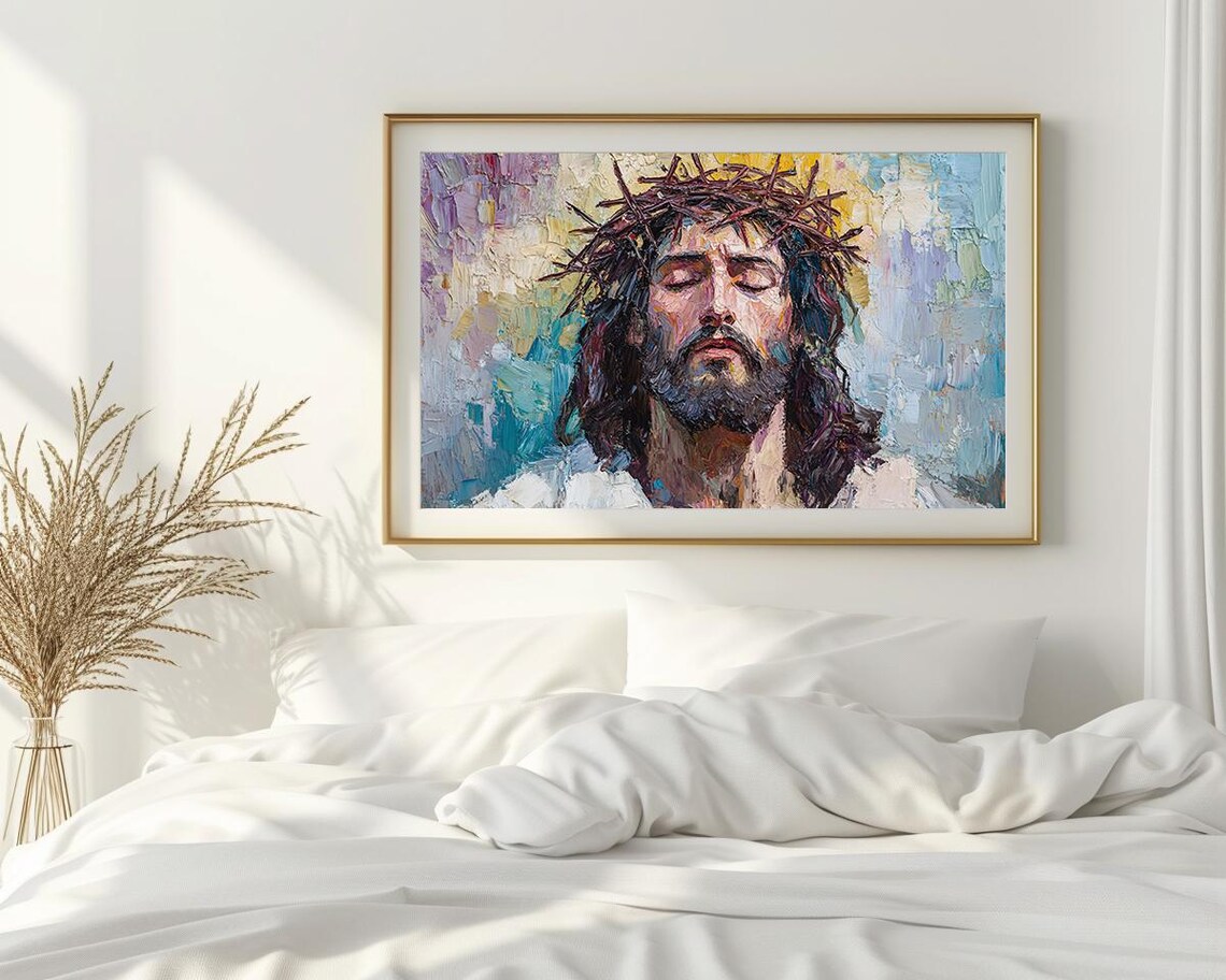 Jesus Crown of Thorns Colorful Impasto Portrait Religious Painting Poster - Image 2