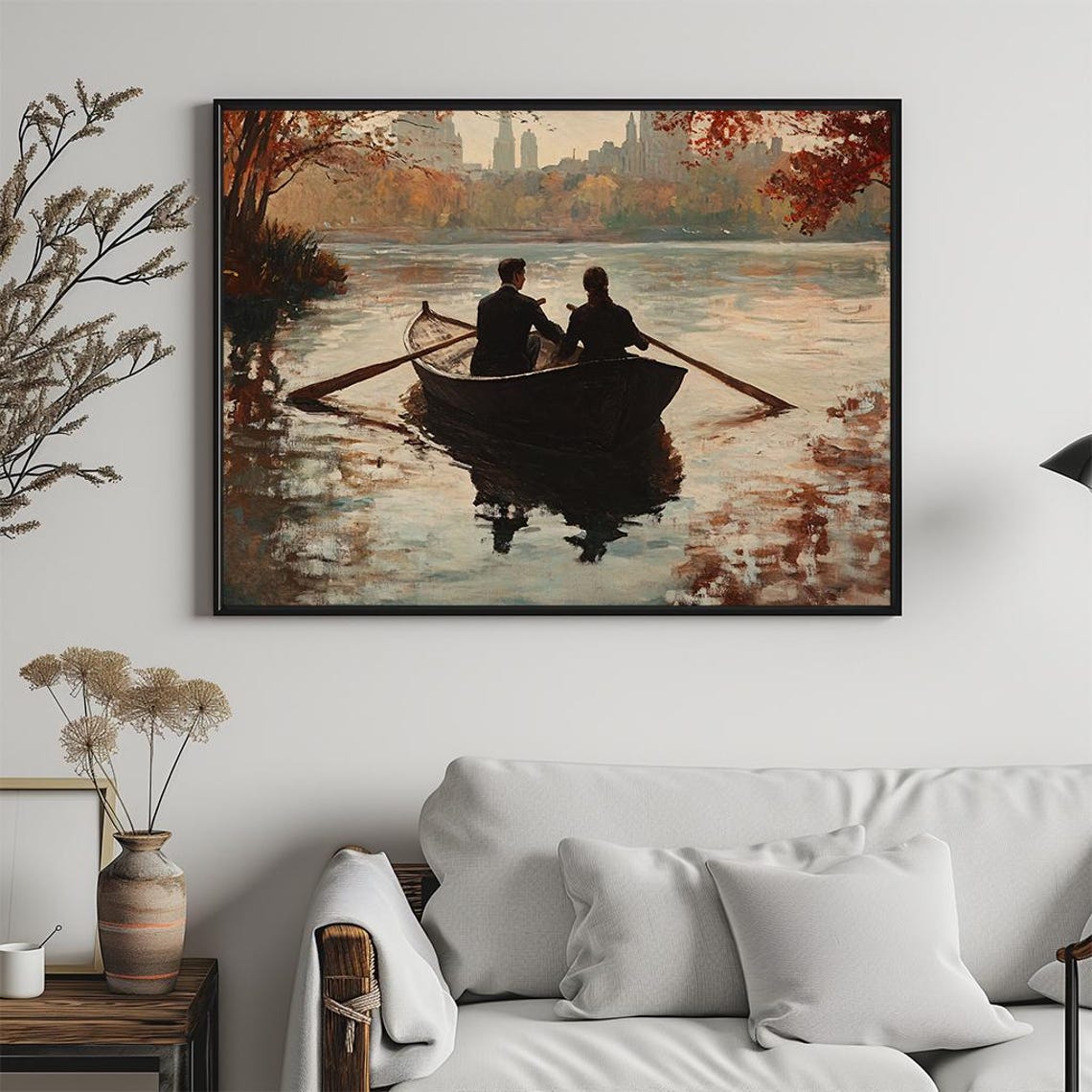 Romantic Couple Rowing Boat on Autumn Lake City Skyline Poster - Image 5
