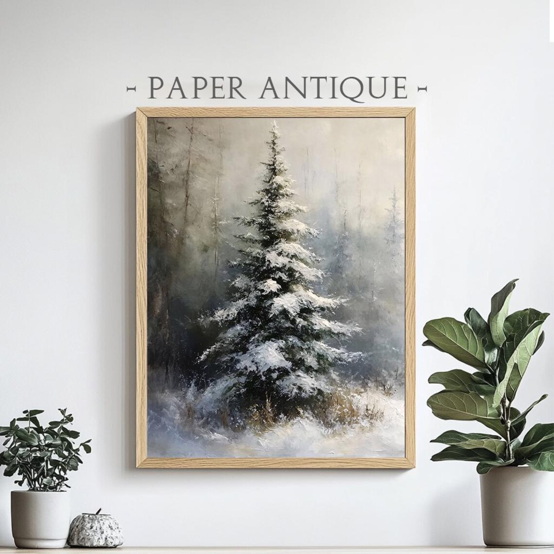 Snowy Pine Tree in Misty Winter Forest Oil Painting Christmas Poster - Image 4