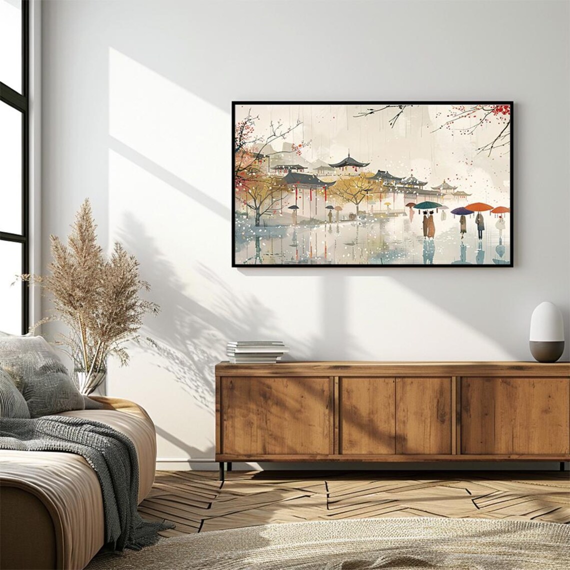 Traditional Asian Rainy Landscape Pagodas Umbrellas Watercolor Poster - Image 4