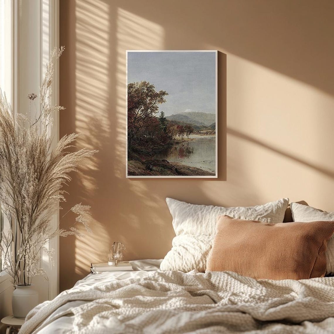Mountain Lake Autumn Trees Distant Peaks Rustic Painting Poster - Image 2