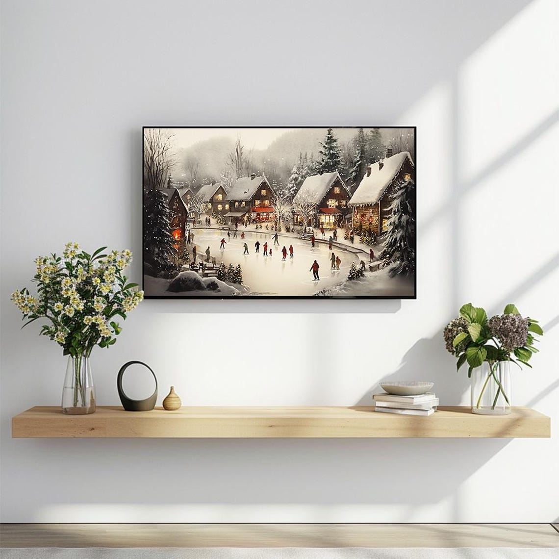 Snowy Christmas Village Ice Skating Pond Festive Panorama Wall Art - Image 2