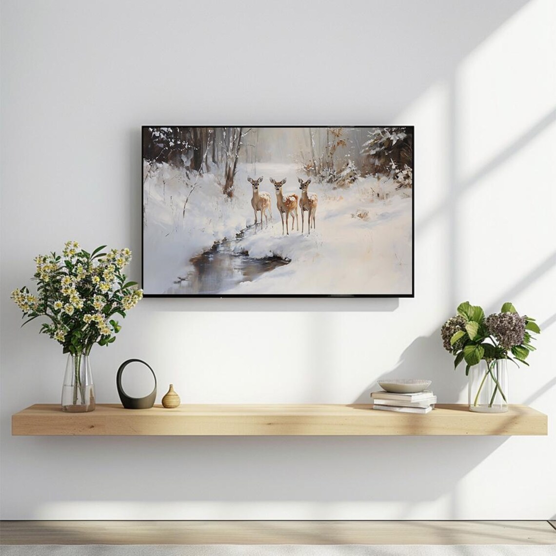 Winter Deer Painting Trio of Fawns in Snowy Forest Landscape Poster - Image 2