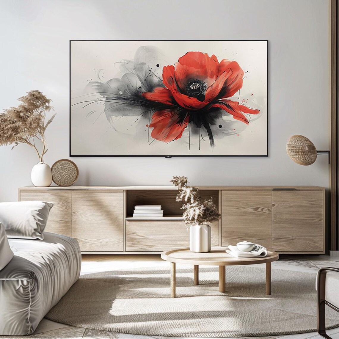 Red Poppy Watercolor Ink Bold Flower Art on Cream Background Poster - Image 5