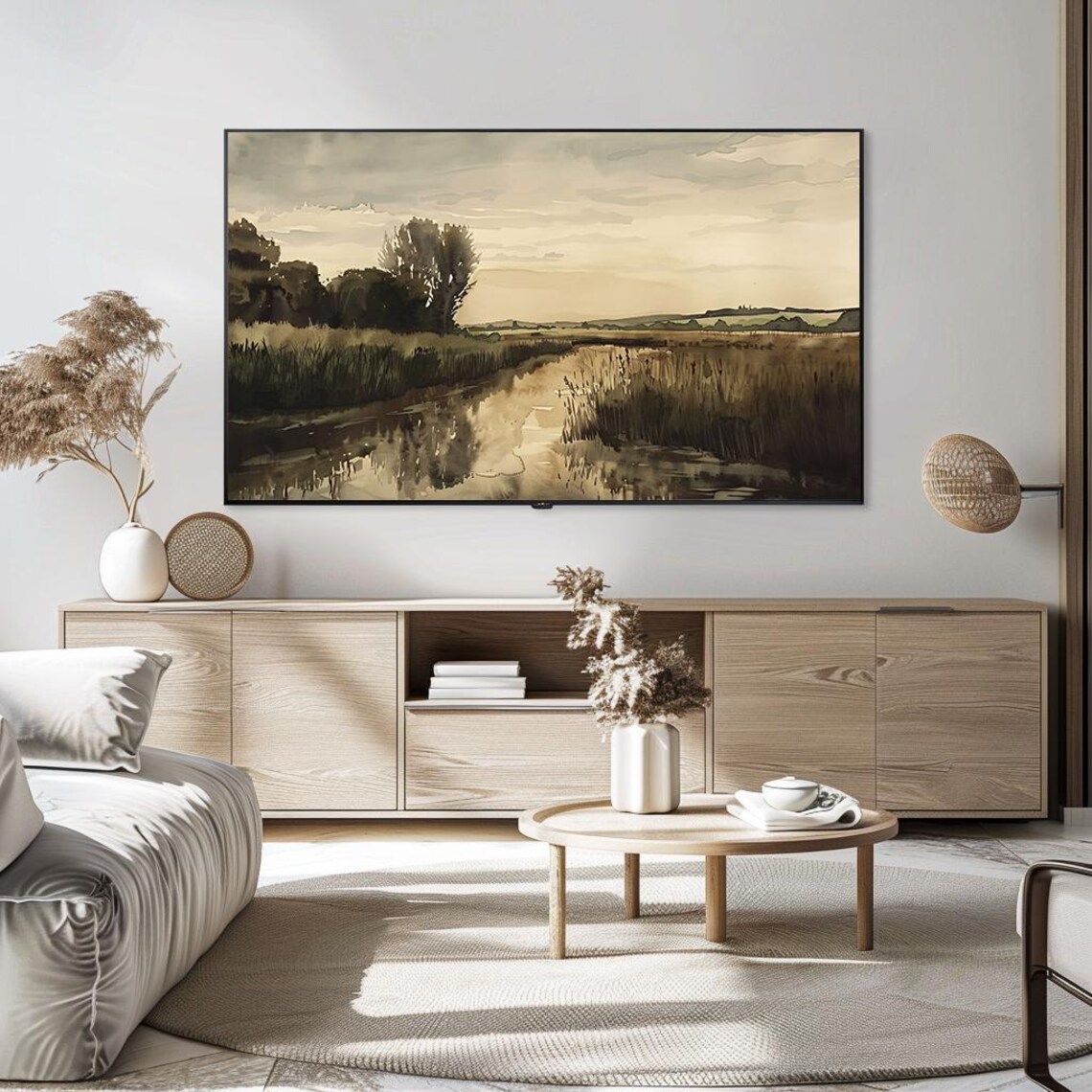 Serene Wetland Stream Watercolor Sepia Marsh Landscape Poster - Image 5