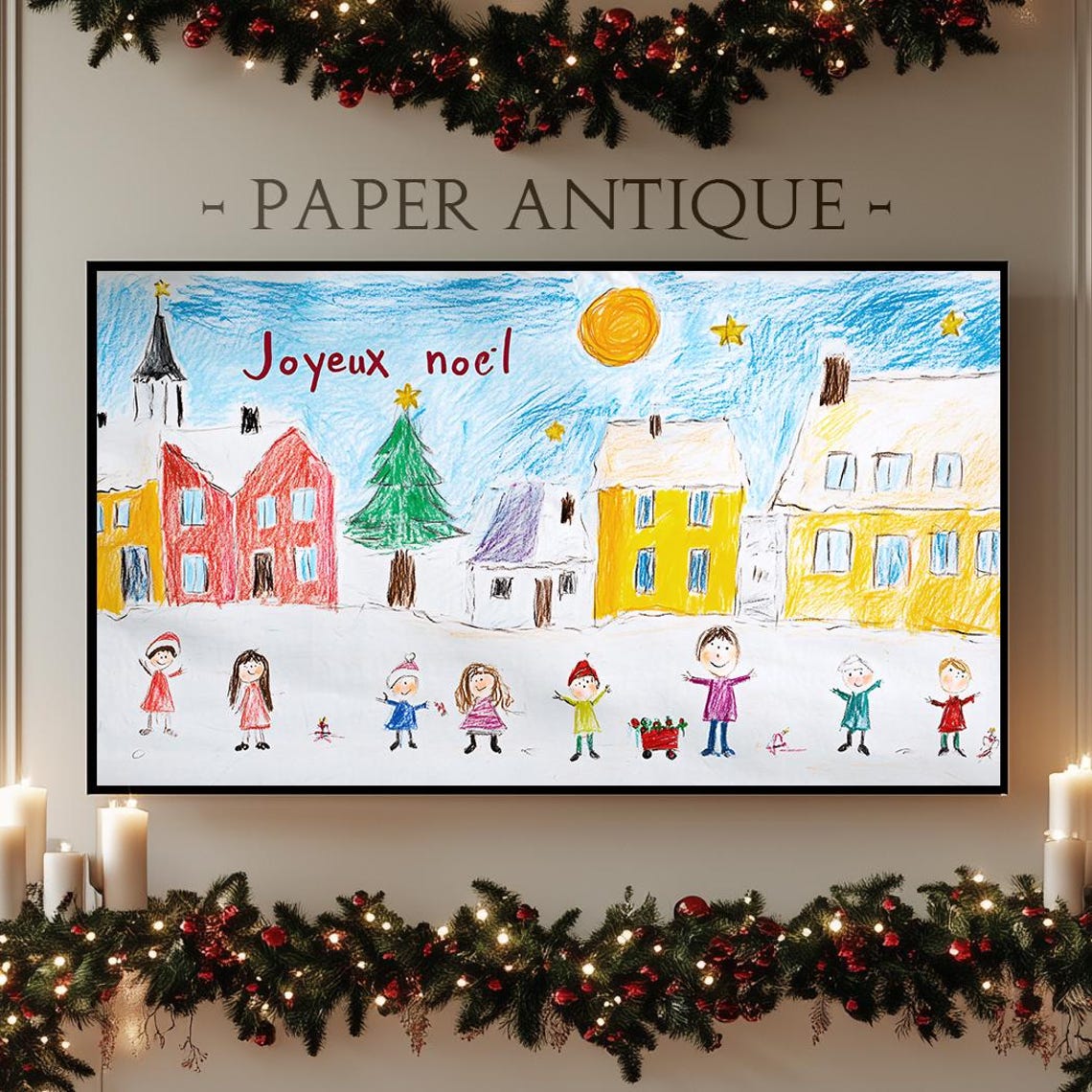 Joyful Christmas Village Children Drawing Joyeux Noel Art Poster