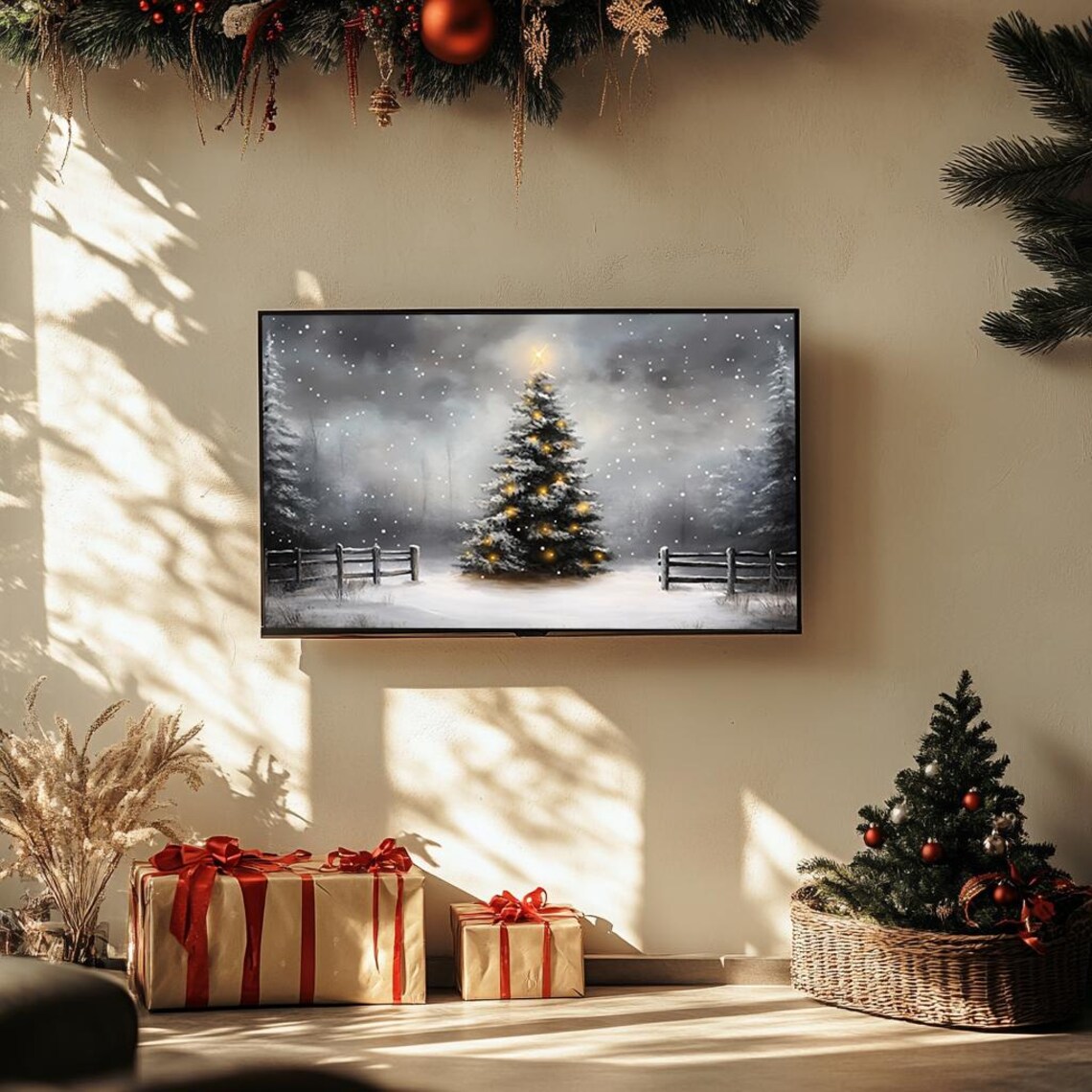 Snowy Christmas Tree With Lights Wooden Fence Winter Art Poster - Image 3