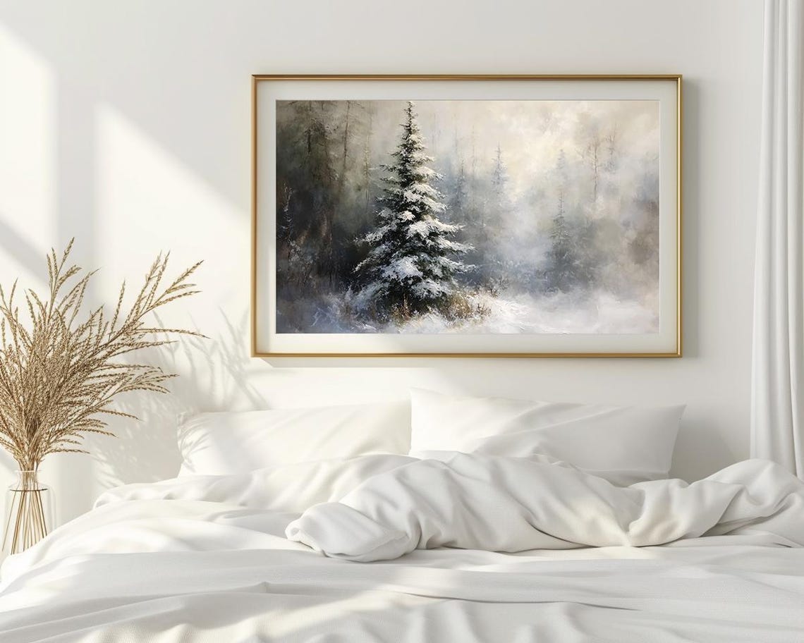 Serene Snowy Pine Tree Misty Winter Forest Calm Landscape Poster - Image 2