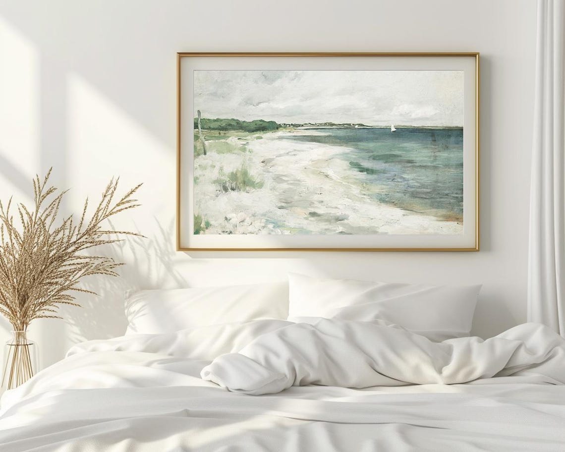 White Sand Beach Sailboats Soft Gray Seascape Minimalist Art Poster - Image 2