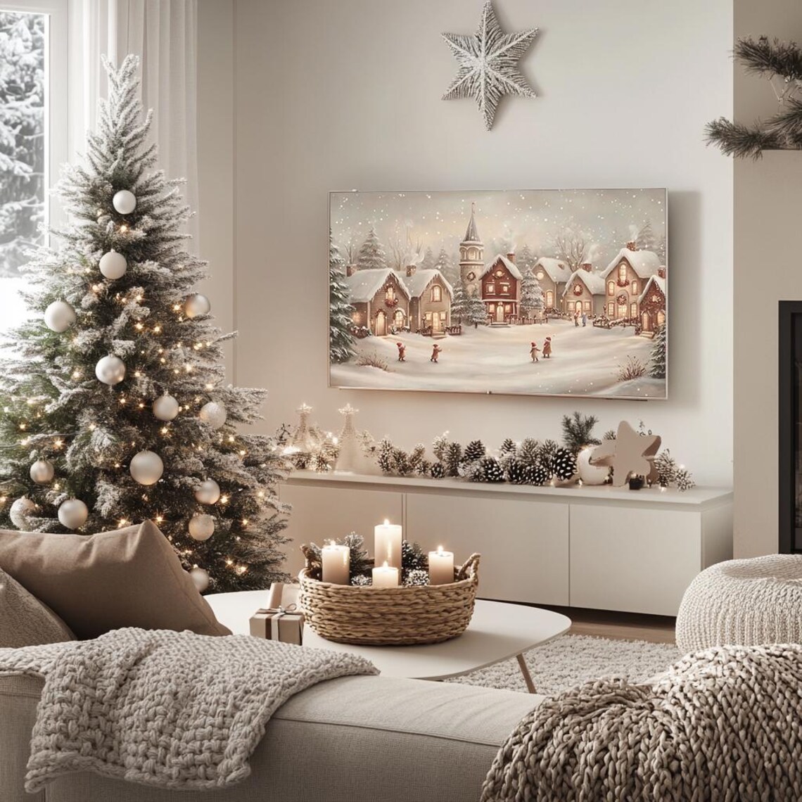 Cozy Christmas Village Church Children in Snow Warm Art Poster - Image 5